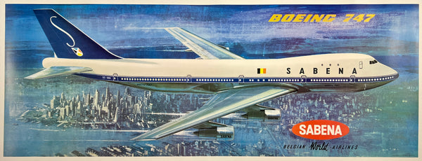 Beautiful authentic original vintage Sabena Boeing 747 linen backed Belgian aviation airline travel poster affiche plakat circa 1971.