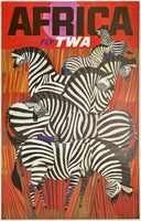 Original vintage Africa - Fly TWA linen backed aviation travel and tourism poster by artist David Klein, illustrator of airline posters for Trans World Airlines destinations in America, South America, Europe, Asia, circa 1960s.