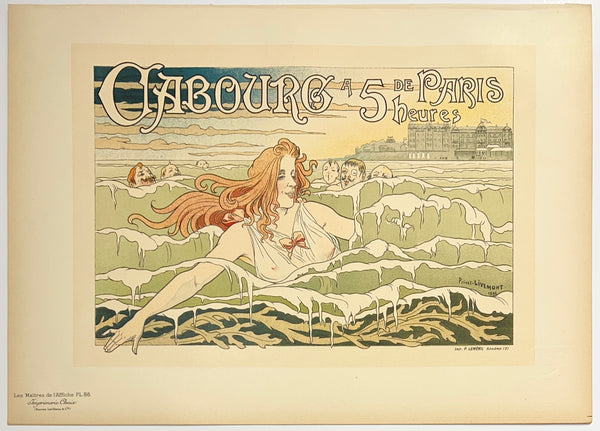 Vintage-style advertisement with a woman in a swimsuit on a beach, featuring the brand 'Cabourg'.