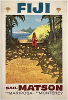 Rare authentic original vintage FIJI - SAIL MATSON linen backed travel and tourism ocean liner cruise ship poster plakat affiche circa 1950s.