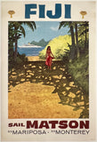 Rare authentic original vintage FIJI - SAIL MATSON linen backed travel and tourism ocean liner cruise ship poster plakat affiche circa 1950s.