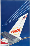 A vintage-style poster or print depicting the tail of a TWA Star Squadron Jet airplane against a deep blue sky, with contrails streaking across the frame and a small aircraft silhouette in the distance. The TWA logo is prominently visible on the white tail fin with a small American flag above it.