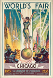 Vintage poster for the World's Fair in Chicago featuring a woman standing on a globe with futuristic cityscape in the background.