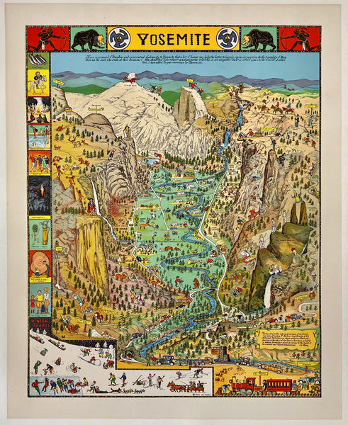 Rare authentic original vintage YOSEMITE Cartoon Map linen backed travel and tourism National Park poster plakat affiche by artist Jo Mora circa 1941.