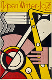 A stylized poster reading ' Aspen Winter Jazz' with abstract geometric artwork in yellow, black, white, pink, and red, including a saxophone and musical notes.