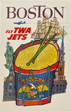 Vintage-style advertisement for Boston featuring a large drum with cityscape elements and 'Fly TWA Jets' text.
