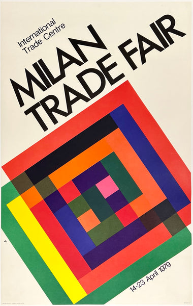 Authentic original vintage Milan Trade Fair 1979 linen backed Italy travel and Italian tourism graphic design poster plakat affiche circa 1979.