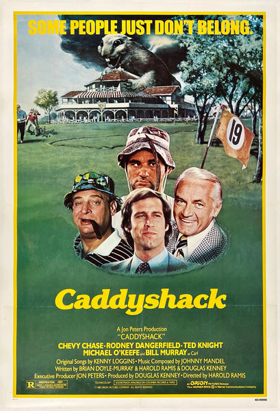 Authentic original vintage CADDYSHACK NSS style linen backed one sheet movie poster printed circa 1980. The artwork features Chevy Chase, Bill Murray, Rodney Dangerfield, Ted Knight, and the gopher.