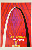 Vintage-style travel poster for St. Louis featuring the Gateway Arch with 'Fly TWA' text on a red and purple patterned background.