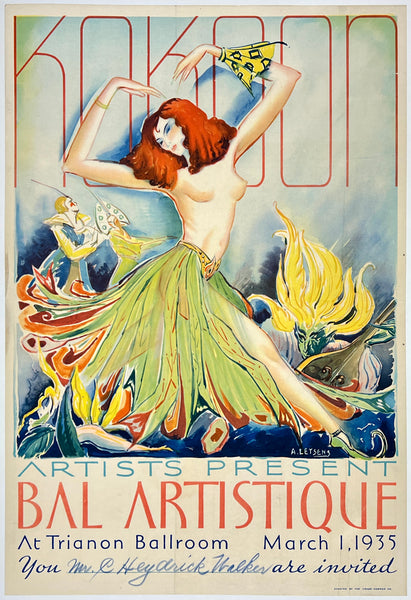 Extremely rare original vintage BAL ARTISTIQUE - KOKOON ARTS CLUB 1935 linen backed art deco invitation poster to Kokoon's annual party in Cleveland, Ohio circa 1926.