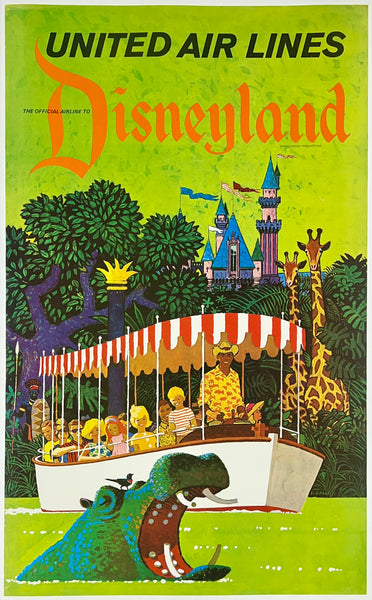 Vintage poster for United Airlines featuring Disneyland with a carousel and castle.