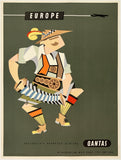 Vintage-style Qantas travel poster featuring a character in traditional attire with 'Europe' text.