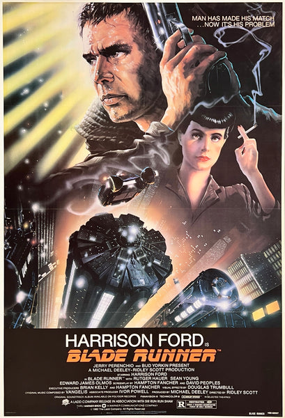 Original vintage Blade Runner linen backed NSS style one sheet sci-fi movie poster featuring Harrison Ford in a film by Ridley Scott, circa 1982.