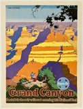Vintage-style poster of the Grand Canyon with people at the bottom, featuring the Santa Fe Railway logo.