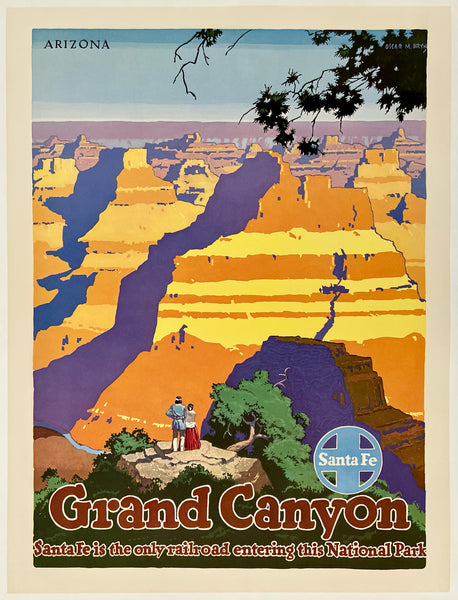 Vintage-style poster of the Grand Canyon with people at the bottom, featuring the Santa Fe Railway logo.