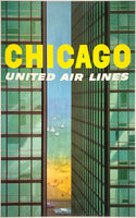 Authentic rare original vintage Chicago - United Air Lines linen backed UAL airline travel and tourism poster plakat affiche by artist Stan Galli circa 1950s.
