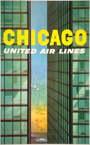 Authentic rare original vintage Chicago - United Air Lines linen backed UAL airline travel and tourism poster plakat affiche by artist Stan Galli circa 1950s.