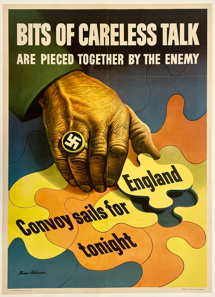 Original vintage Bits of Careless Talk - Convoy Sails For England Tonight linen backed USA World War II American propaganda poster circa 1943.