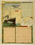 Rare authentic original vintageMESSAGERIES MARITIMES - PAQUEBOTS-POSTER FRANCAIS 1908 linen backed French cruise ship ocean liner travel and tourism poster printed circa 1908.