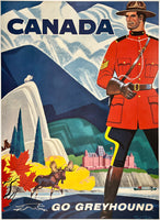 Original vintage Canada - Go Greyhound linen backed bus travel and tourism poster plakat affiche featuring the Canadian Rockies by artist Rod Ruth, circa 1960s.