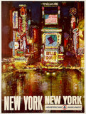 Artistic depiction of Times Square at night with colorful signs and reflections, featuring American Airlines branding.