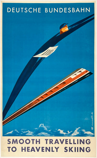 Rare authentic original vintage DEUTSCHE BUNDESBAHN - SMOOTH TRAVELLING TO HEAVNLY SKIING linen backed Germany German railway and railroad travel and tourism poster circa 1958.