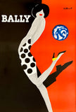 Vintage Bally advertisement with a stylized woman in polka dot dress against a black and orange background.