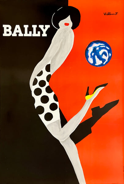 Vintage Bally advertisement with a stylized woman in polka dot dress against a black and orange background.