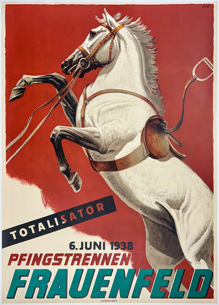 Authentic rare original Pfingstrennen Frauenfeld Totalisator linen backed Swiss horse racing Switzerland poster plakat affiche by artist Hugentobler circa 1938.