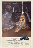 A vintage Star Wars movie poster print with illustrated artwork showing Darth Vader, the Death Star, and characters in a space scene, plus the Star Wars title at the bottom.