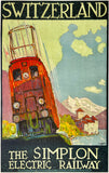 Rare authentic original vintage SWITZERLAND - THE ELECTRIC SIMPLON RAILWAY linen backed Swiss railway and railroad travel and tourism poster plakat affiche circa 1925.