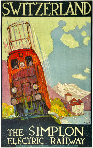 Rare authentic original vintage SWITZERLAND - THE ELECTRIC SIMPLON RAILWAY linen backed Swiss railway and railroad travel and tourism poster plakat affiche circa 1925.