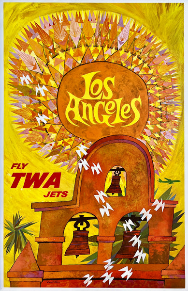 Original vintage Los Angeles - Fly TWA Jets linen backed aviation travel poster by artist David Klein, illustrator of airline posters for Trans World Airlines destinations in America, South America, Europe, Asia, and Africa.