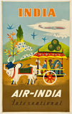 Vintage-style travel poster for Air India featuring a bull and cart with scenic background