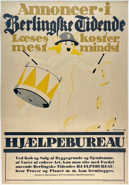 Original vintage Berlingske Hjaelpebureau linen backed Danish newspaper Denmark poster plakat affiche by artist Thor Bogelund circa 1918.
