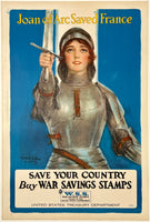 Authentic original vintage JOAN OF ARC SAVED FRANCE - SAVE YOUR COUNTRY - BUY WAR SAVINGS STAMPS linen backed USA World War I propaganda poster plakat affiche by artist Haskell Coffin circa 1918.