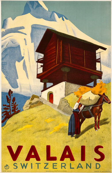 Rare authentic original vintage VALAIS SWITZERLAND linen baked Swiss travel and tourism stone lithograph poster plakat affiche by artist Eric Hermes circa 1938.