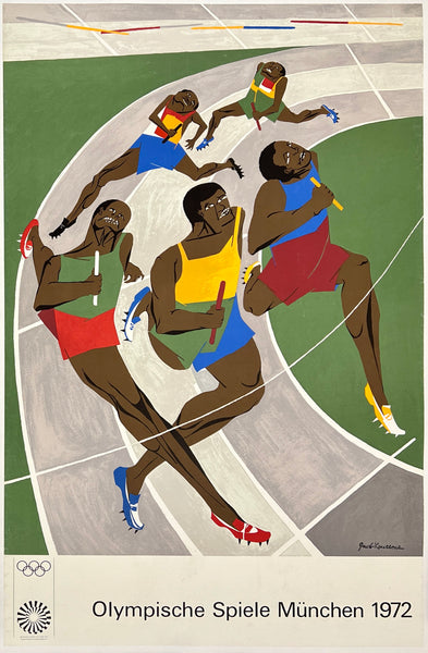 Original vintage Olympische Spiele Munchen 1972 - Munich Olympic Games 1972 linen backed German sports travel and tourism poster featuring sprinters by artist Jacob Lawrence, circa 1972.
