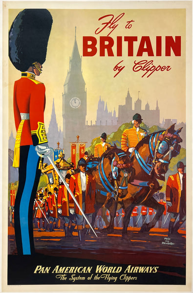 Original vintage FLY TO BRITAIN BY CLIPPER - PAN AMERICAN WORLD AIRWAYS - PAN AM linen backed travel and tourism poster plakat affiche by artist Mark Von Arenburg circa 1949.