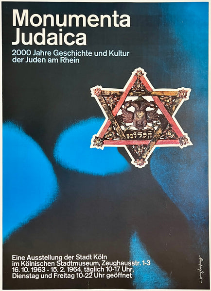 Rare authentic original vintage MONUMENTA JUDAICA 1963 - German Exhibition Jewish linen backed art exhibition poster plakat affiche.