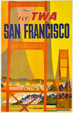 Vintage-style travel poster for TWA featuring the Golden Gate Bridge and San Francisco skyline.