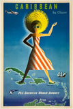 Vintage travel poster for the Caribbean by Clipper featuring a woman in a sun hat and dress with a map of the region.