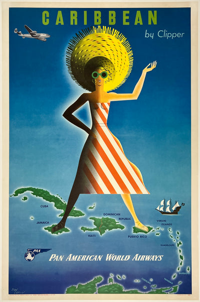 Vintage travel poster for the Caribbean by Clipper featuring a woman in a sun hat and dress with a map of the region.
