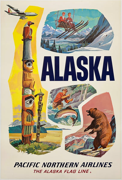 Original vintage Alaska Pacific Northern Airlines linen backed travel and tourism poster plakat affiche circa 1960s.