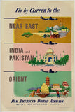 Original vintage FLY BY CLIPPER TO THE NEAR EAST, INDIA & PAKISTAN, ORIENT - PAN AMERICAN WORLD AIRWAYS - PAN AM linen backed travel and Indian tourism poster plakat affiche circa 1951.