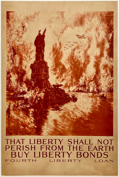 Original vintage That Liberty Shall Not Perish From The Earth - Buy Liberty Bonds - Fourth Liberty Loan USA World War One WWI linen backed recruiting propaganda military poster, circa 1918.