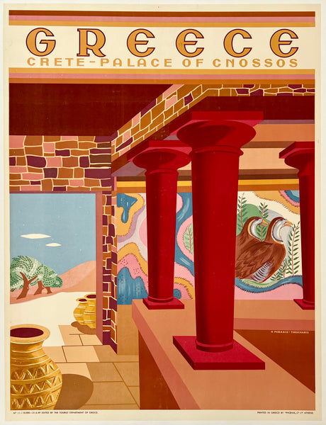 Vintage-style poster of the Palace of Knossos in Crete, Greece.