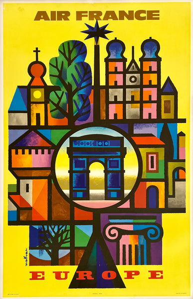 Colorful Air France poster with architectural elements and 'Europe' text on a yellow background