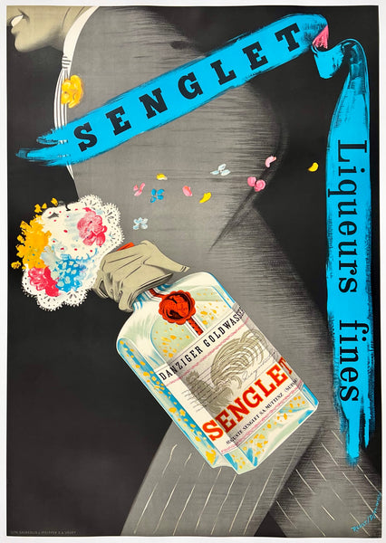 Vintage-style advertisement for Senglet liqueurs with a bottle and decorative elements.
