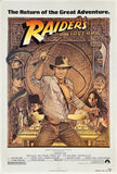 A vintage movie poster for 'Raiders of the Lost Ark' featuring Harrison Ford as Indiana Jones in the center, surrounded by illustrated characters and treasure, with the title in large gold letters at the top.